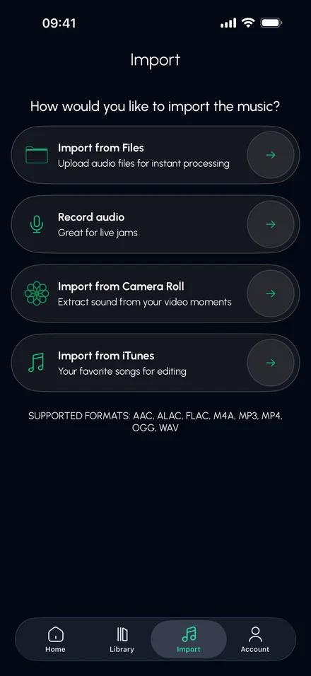 Import from Files, record audio, camera roll or iTunes