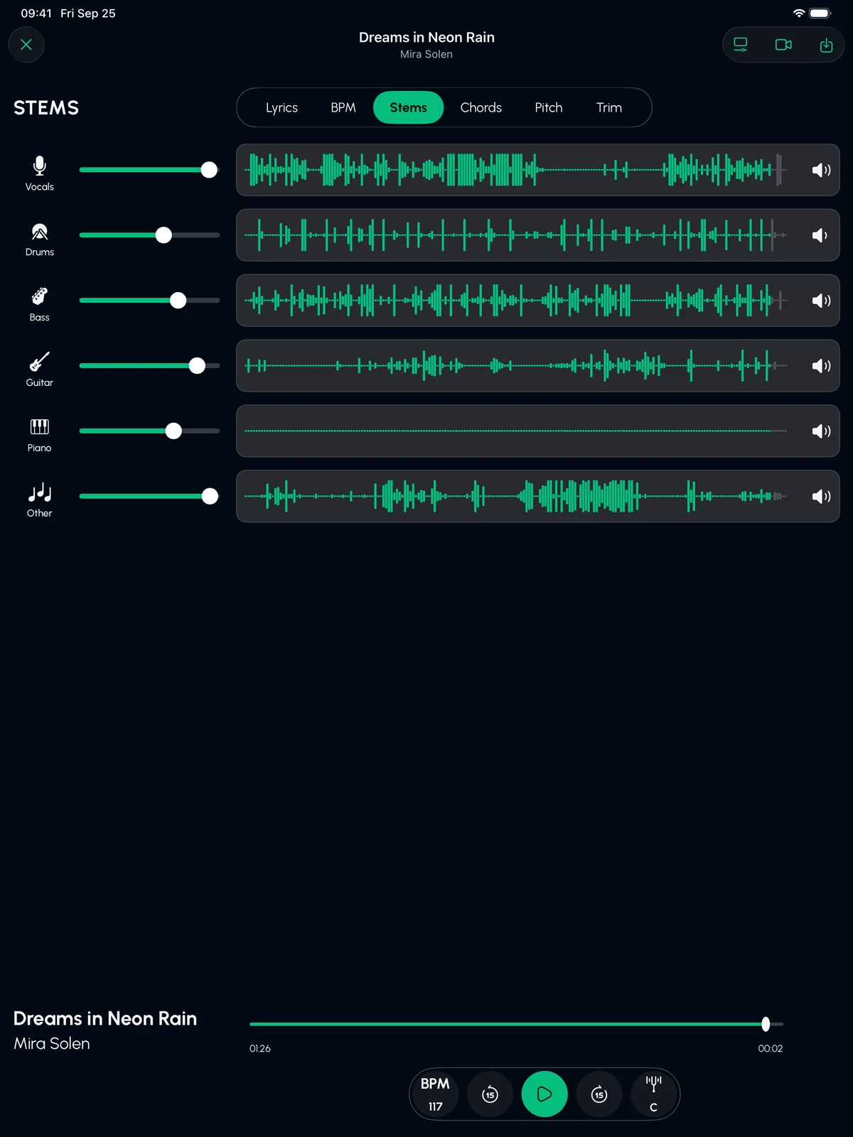 Stem Split on iPad: six stems, each with a volume slider and its waveform